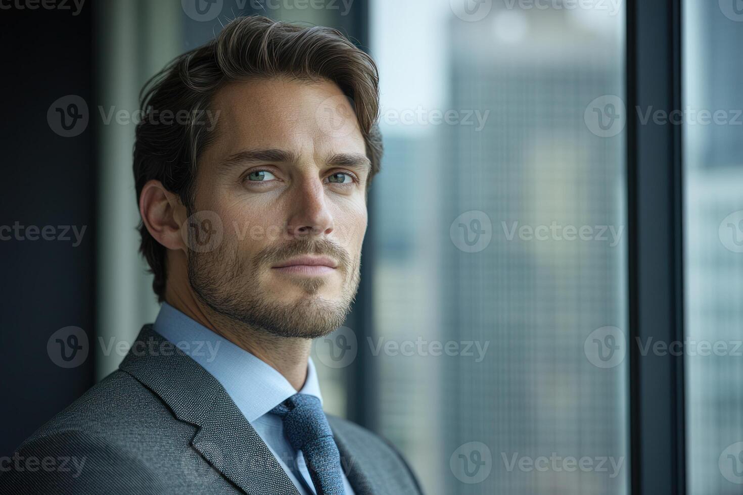 Businessman looking confidently out of a high-rise window in an urban setting during daytime photo