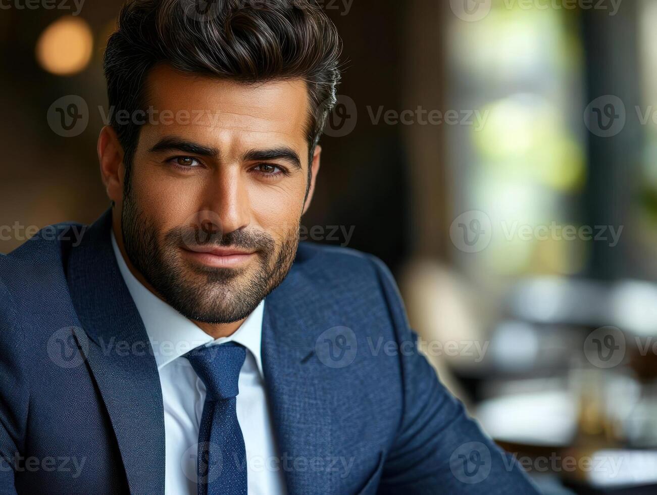 Smartly dressed man with a confident smile in a modern indoor setting during daylight photo