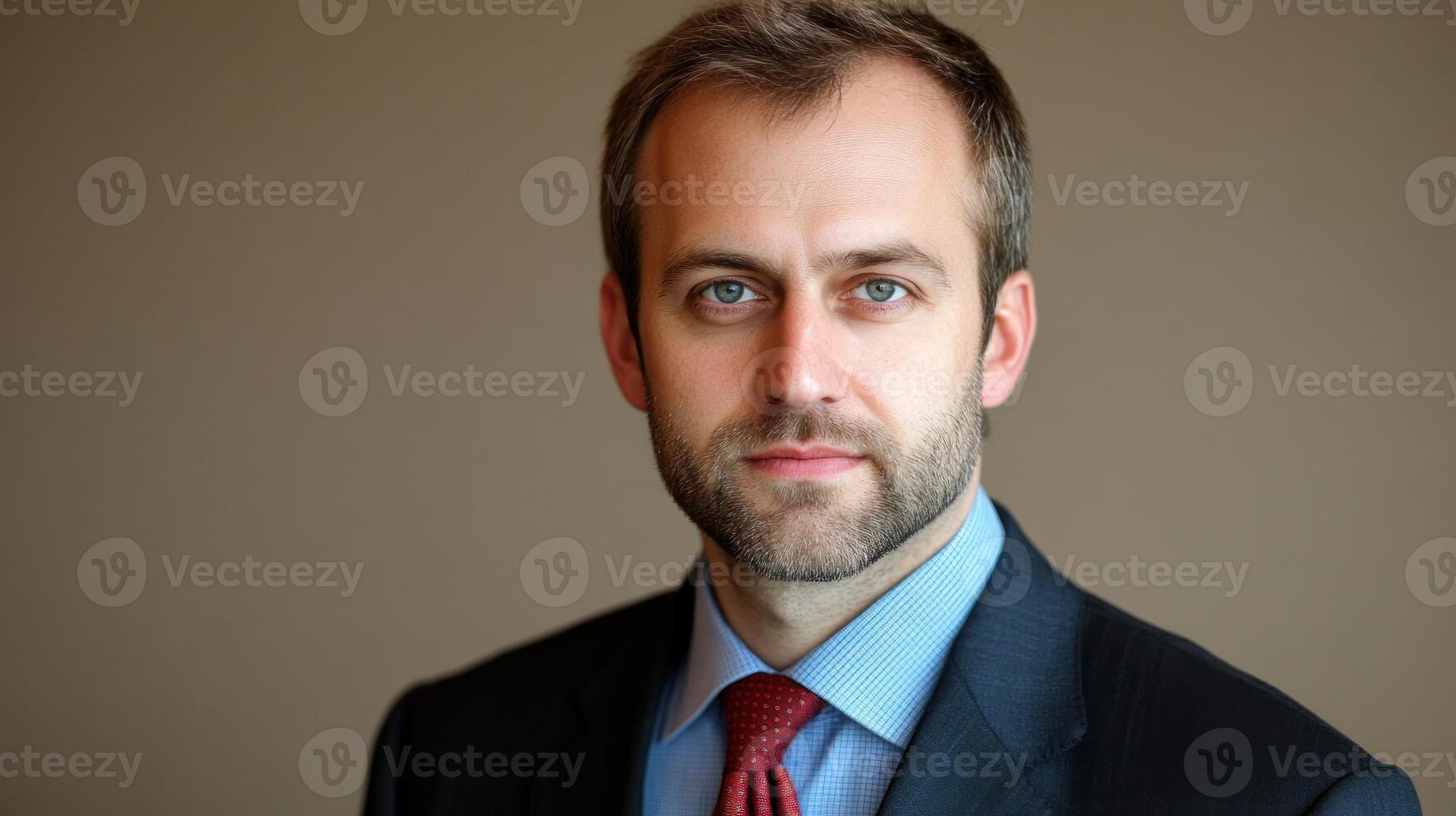 Professional man with a beard wearing a suit and tie poses for a portrait in an elegant indoor setting photo