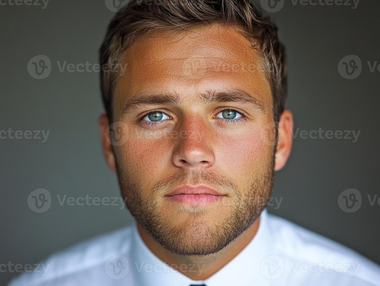 Young man with blue eyes and beard wears white shirt in a neutral setting photo