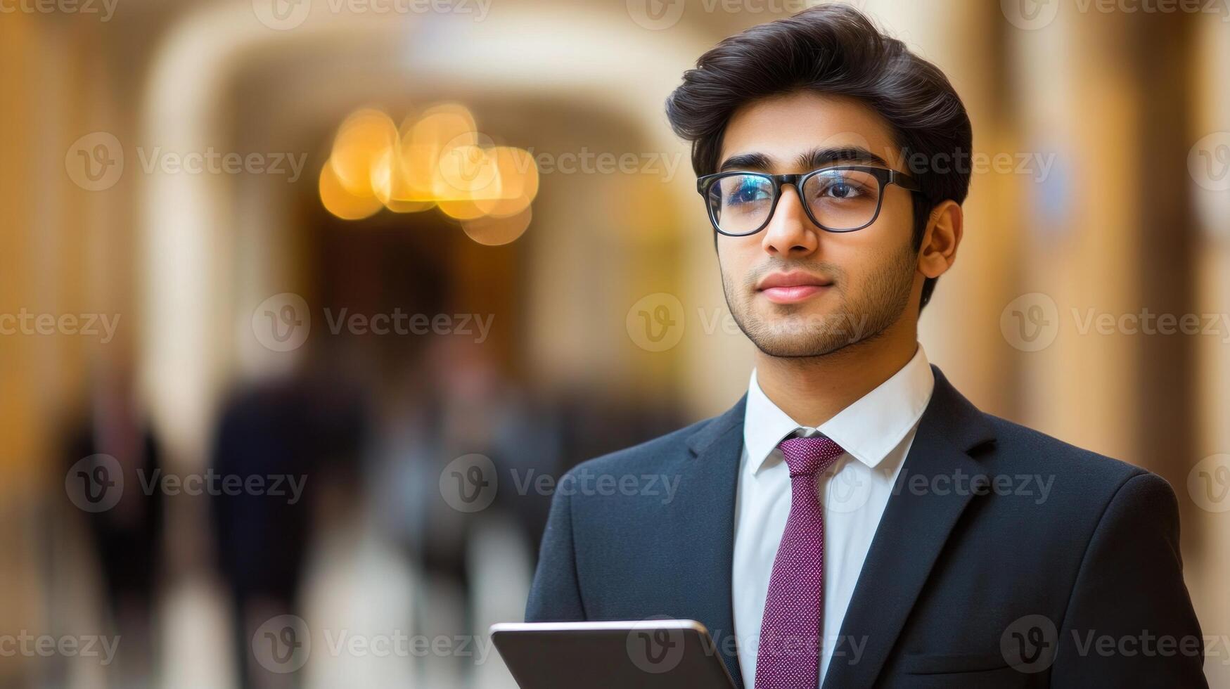 Young professional in business attire holds tablet and looks thoughtfully in a modern office setting photo
