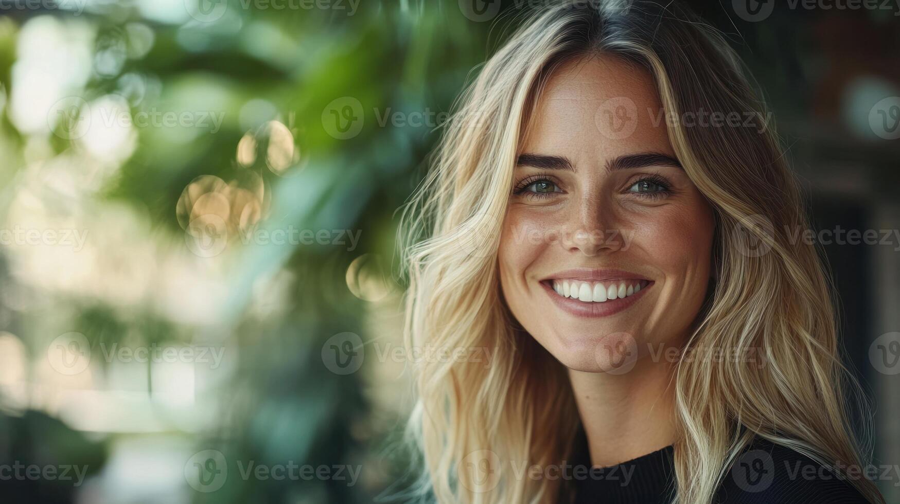 Woman with long hair smiles brightly in a lush, green outdoor setting during daytime photo