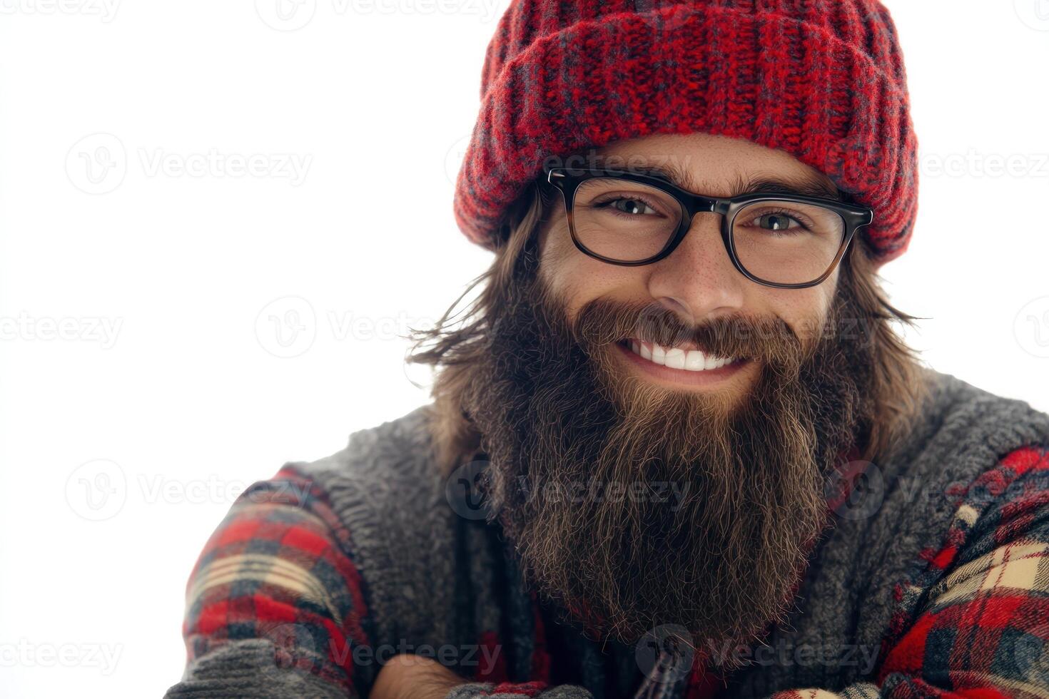 Smiling man with a beard wearing a red hat and glasses enjoys a bright atmosphere indoors photo