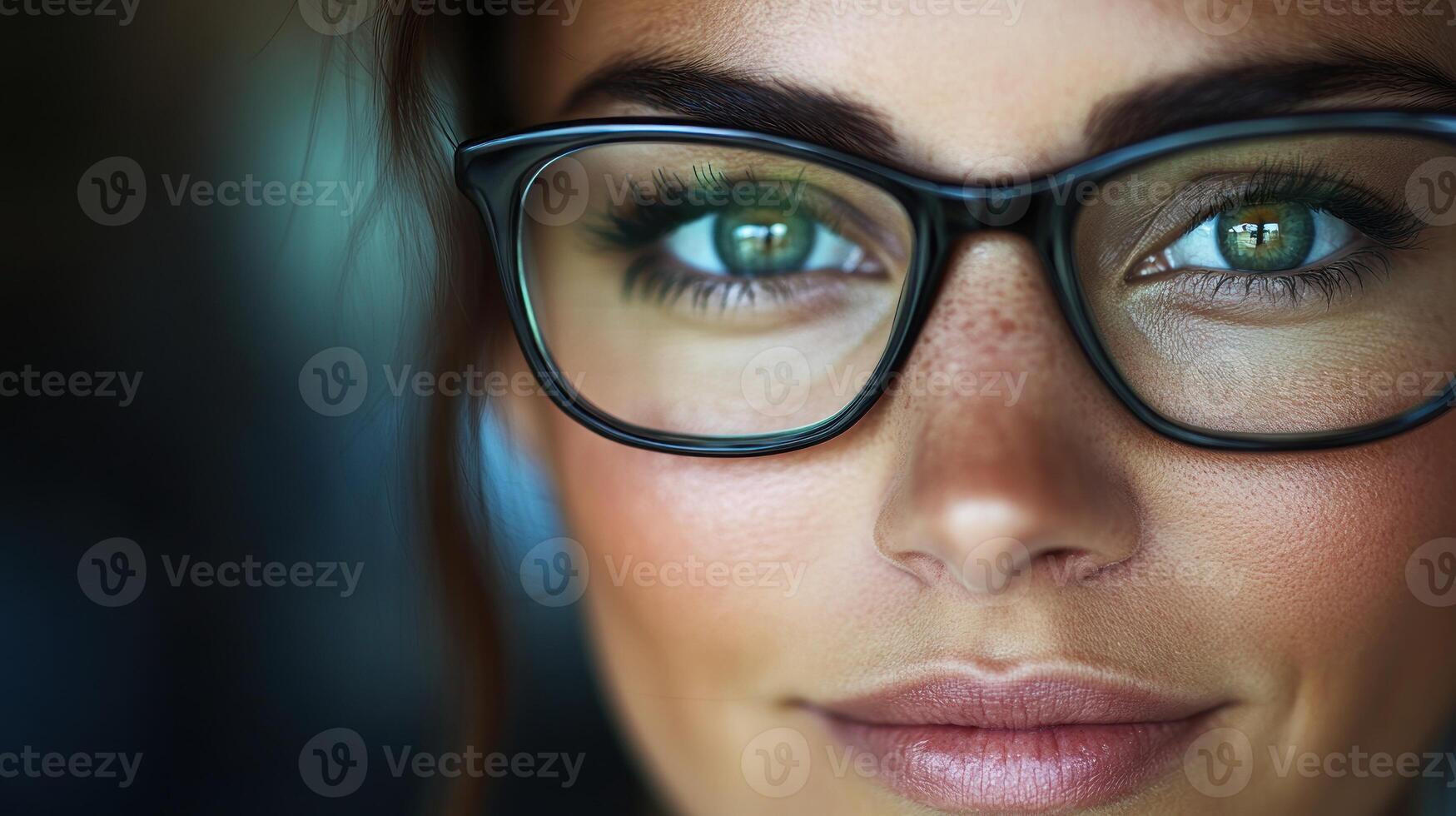 Close-up of a young woman with glasses displaying captivating green eyes and a warm smile in soft lighting photo