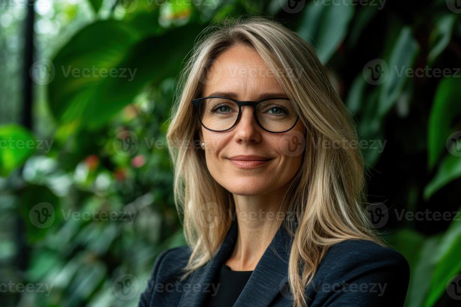 Professional woman smiling confidently in a lush green environment during daylight photo