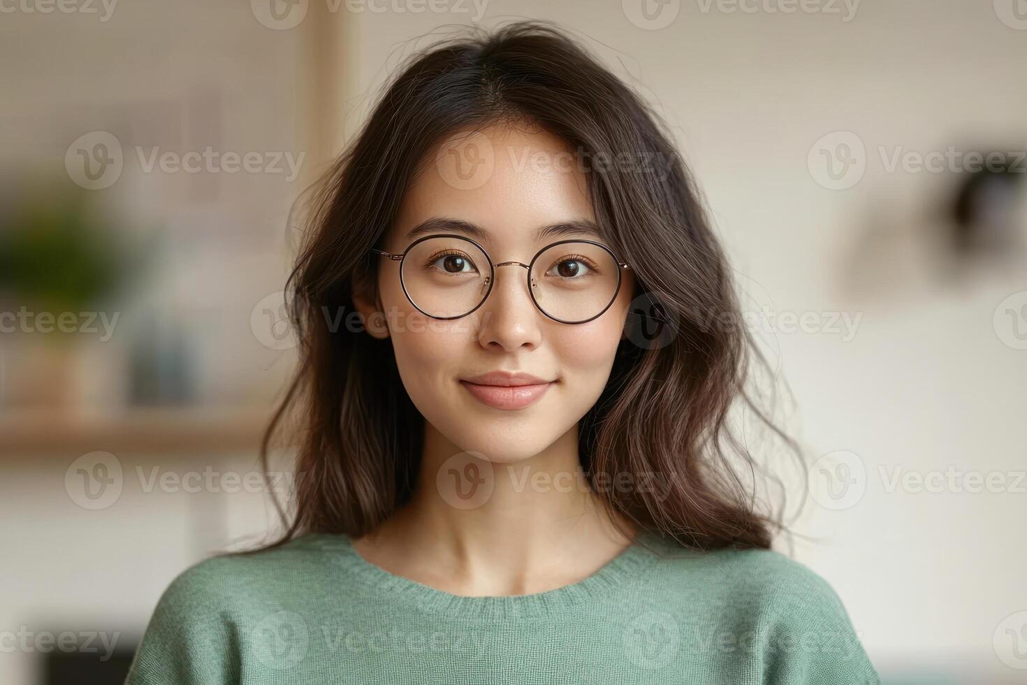 Asian woman with glasses smiling warmly in a cozy indoor setting during daylight hours photo
