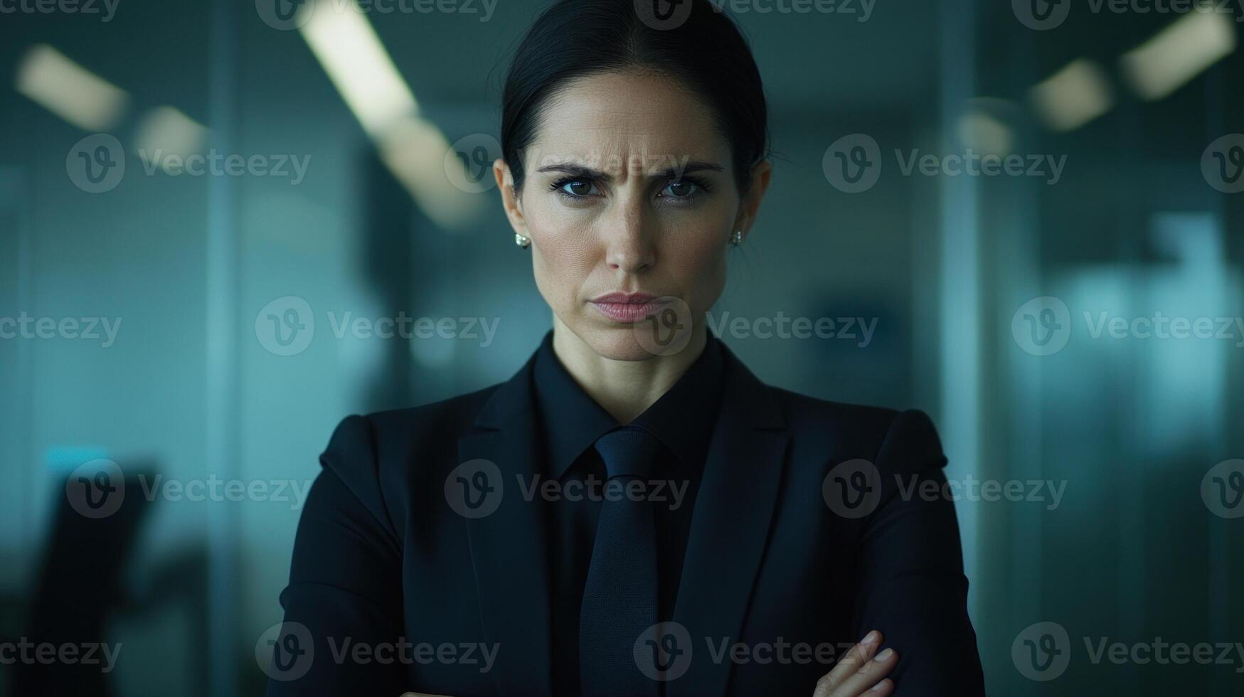 Strong woman in formal attire with an intense expression in a modern office environment photo