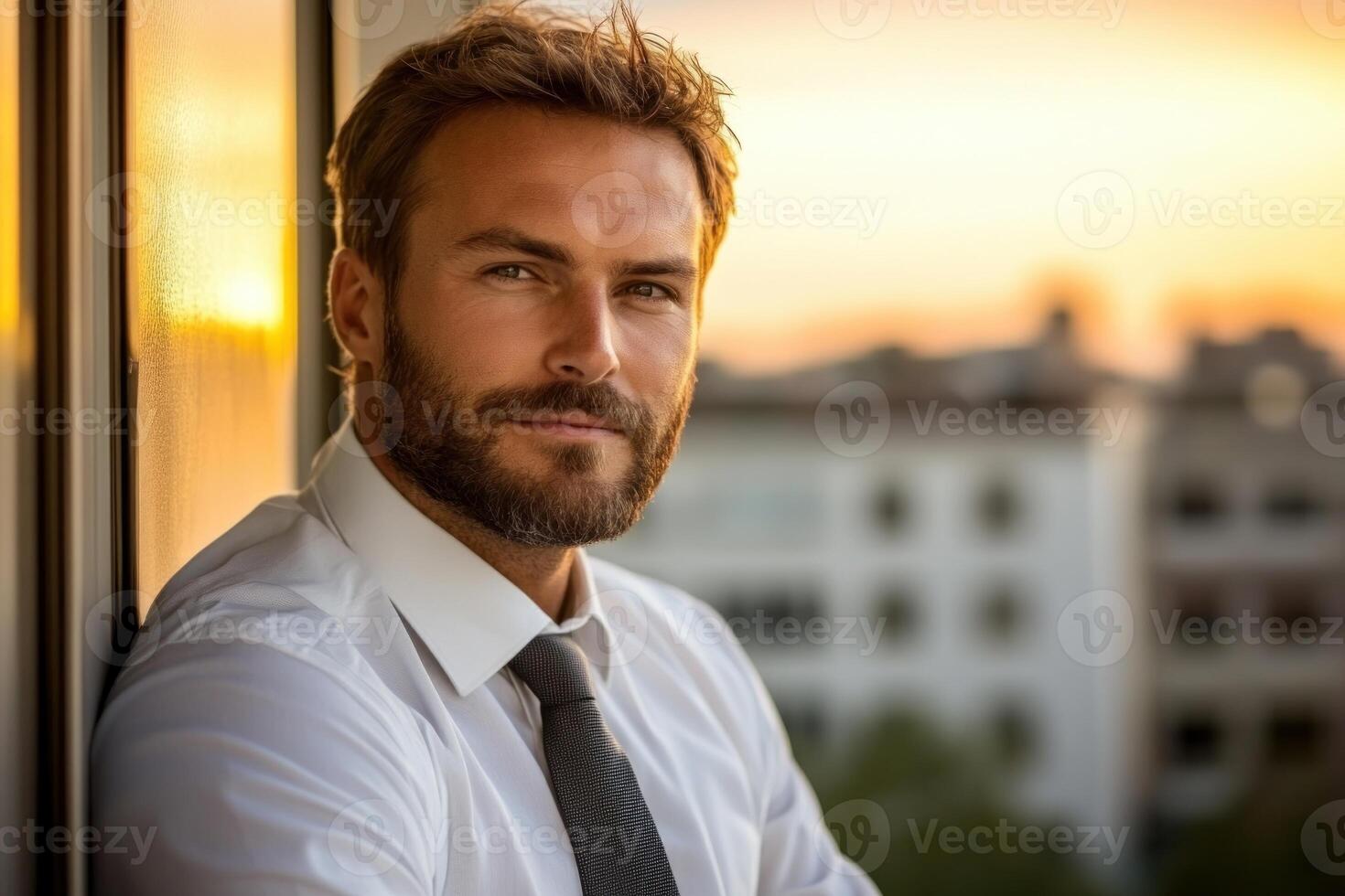 Handsome man with beard in shirt and tie, sunset backdrop, urban setting photo