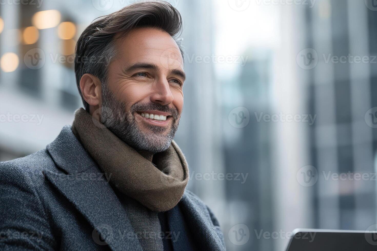 Smiling man in a stylish coat and scarf working outdoors in a modern urban environment photo