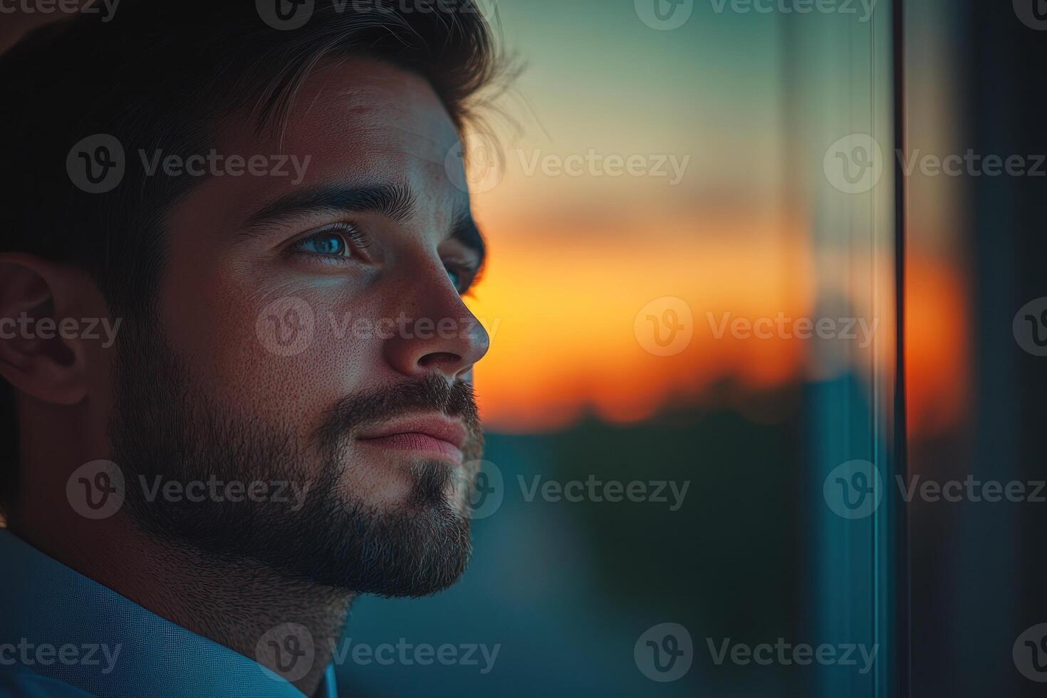 Reflection of a man gazing thoughtfully out the window at a vibrant sunset photo