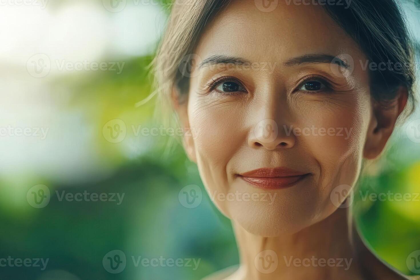 Close-up of a smiling woman enjoying nature in a serene outdoor setting during daytime photo