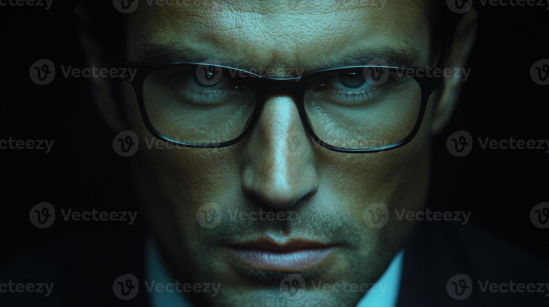 Serious man with glasses gazes intensely in low light setting photo