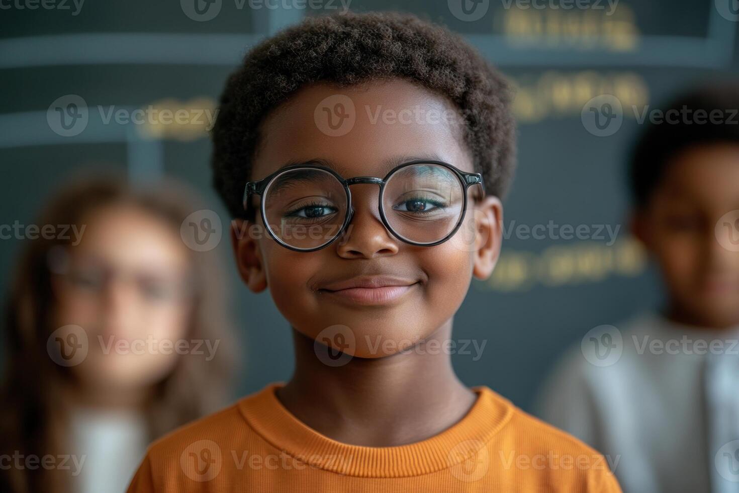Young boy with glasses smiling confidently in a classroom setting with peers in the background photo