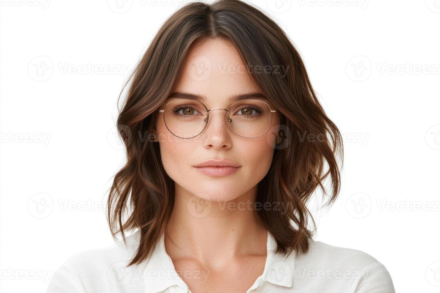 Woman wearing glasses and a white top with soft waves in hair poses confidently against a light background photo