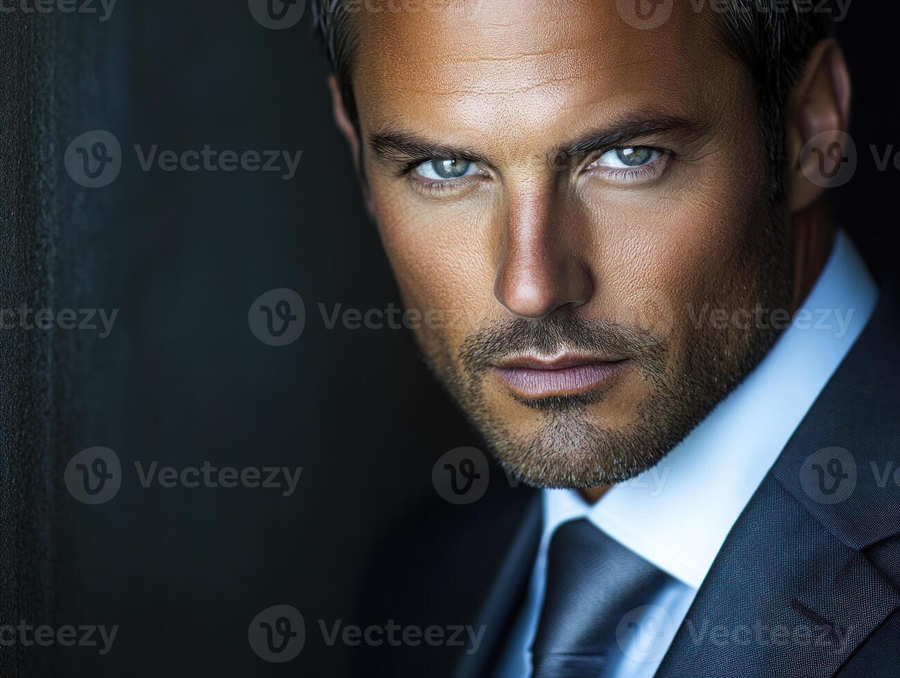 Man in formal attire with intense gaze against a dark background photo