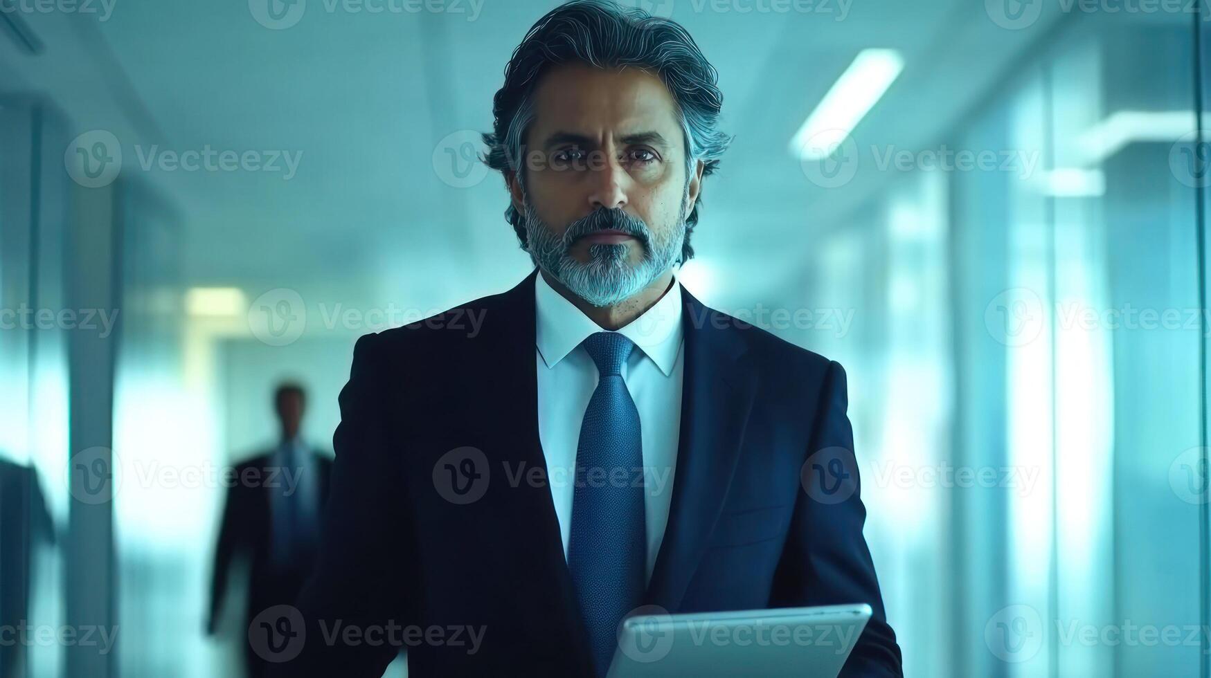 Businessman in formal suit walking through modern office space with tablet in hand photo