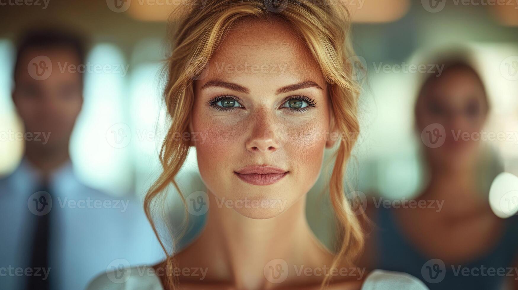 Professional group portrait showing a confident woman in focus with colleagues blurred in background photo