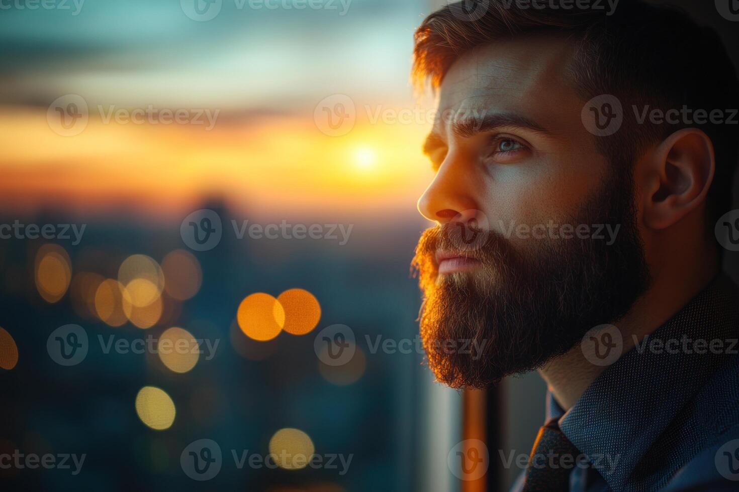 Man gazes thoughtfully out window at sunset over city skyline with warm glow and bokeh lights photo