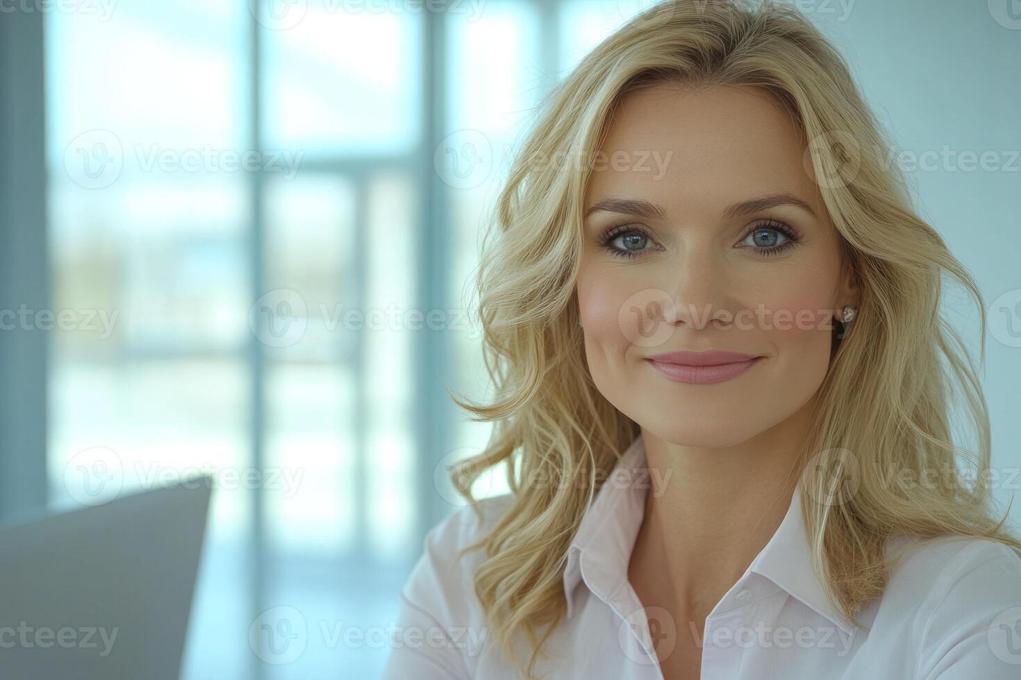 Professional woman smiling confidently in a modern office setting during daylight hours photo