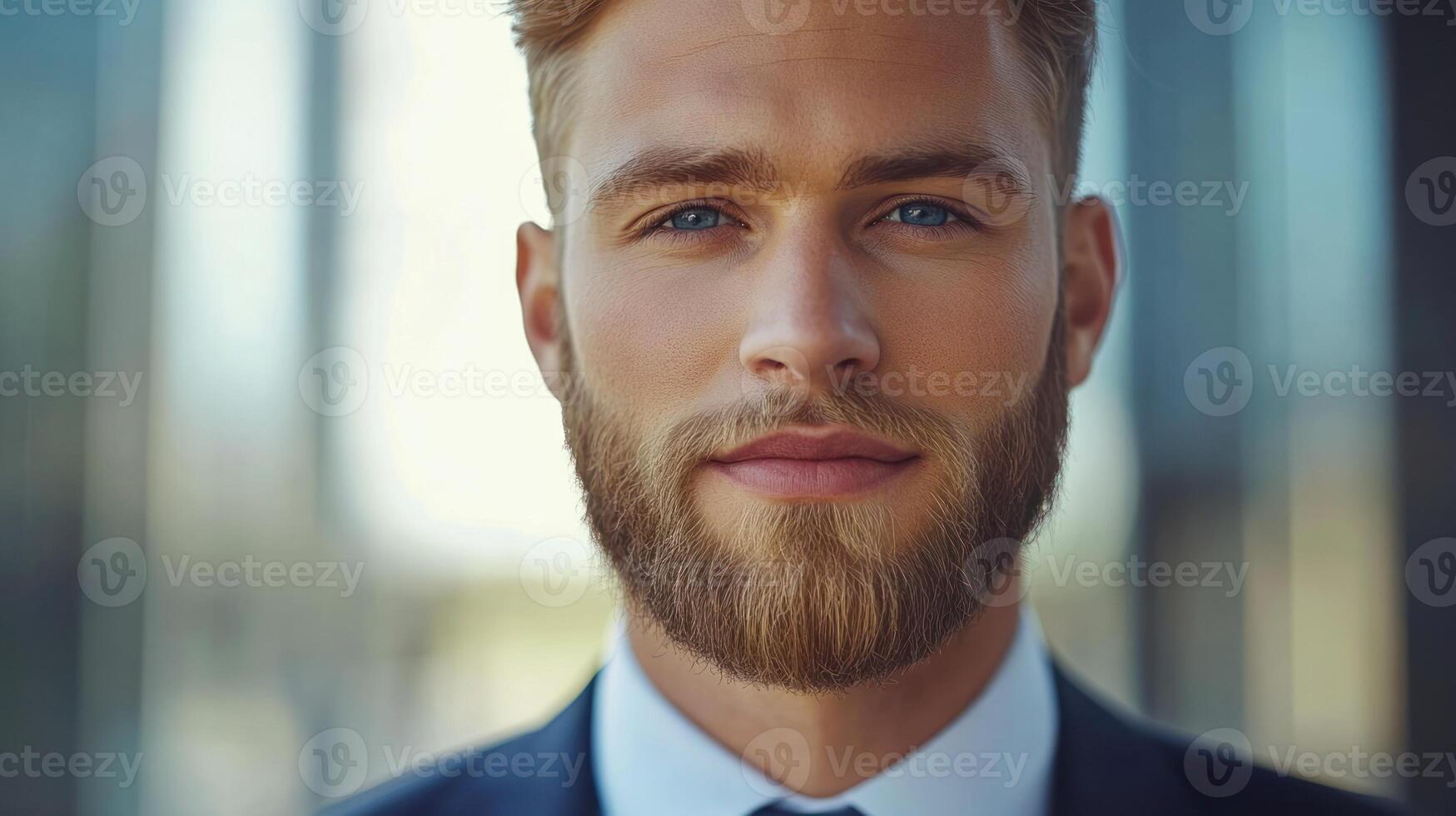 Young man with beard in formal attire standing in urban setting during bright day photo