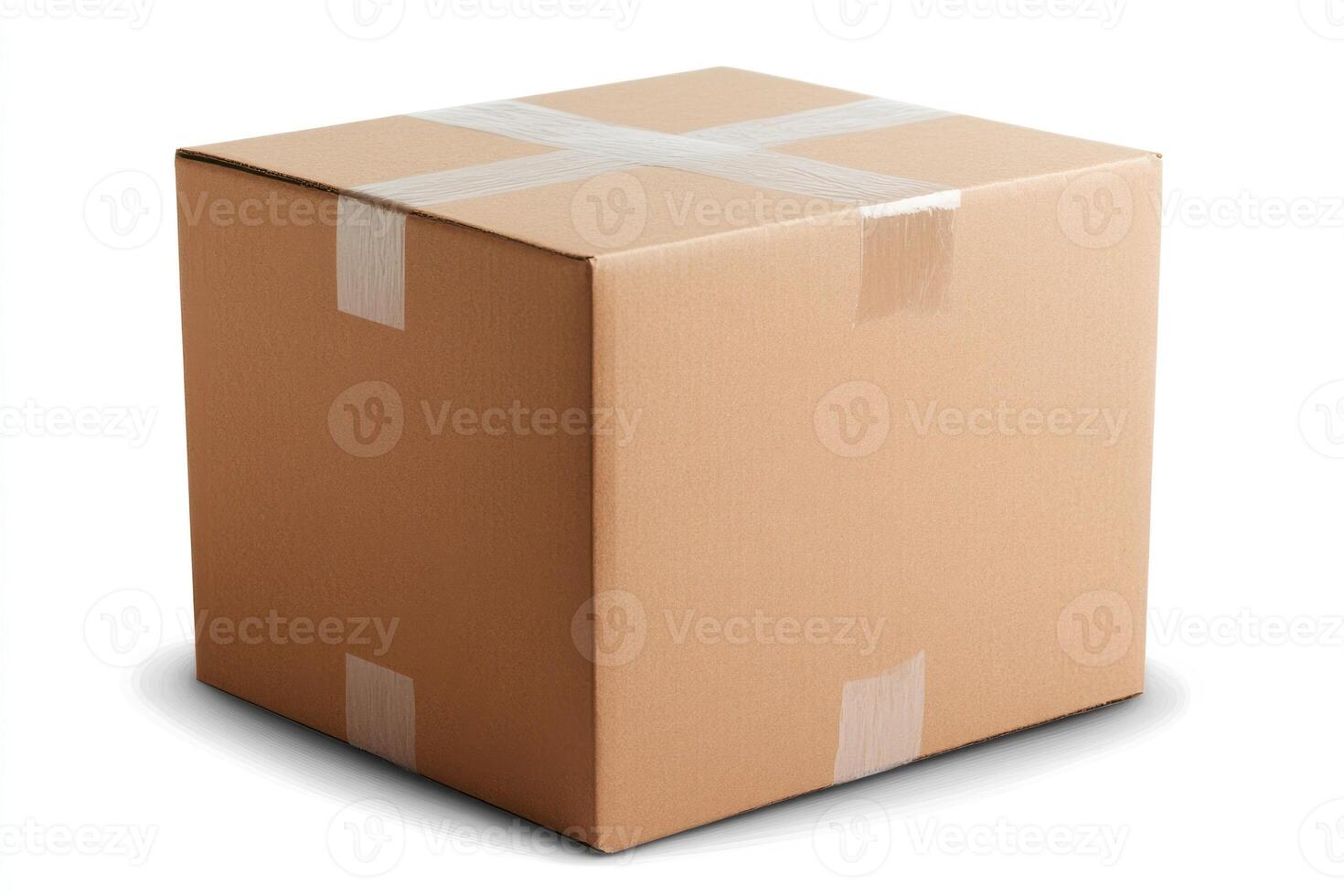 Closed cardboard box with tape on a white background, ready for shipping or storage photo