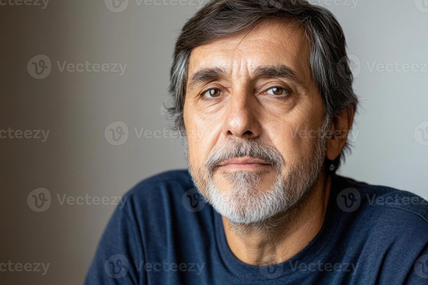 Middle-aged man with gray hair and beard showing calm expression in neutral background indoors photo
