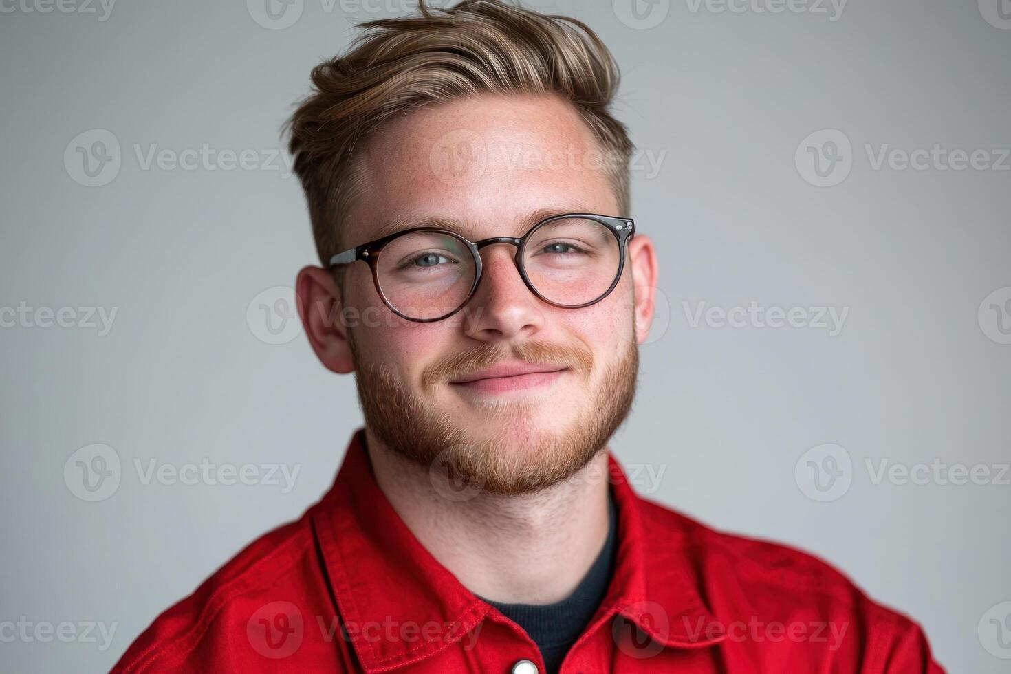 Young man with glasses smiles confidently in a casual red jacket against a neutral background photo