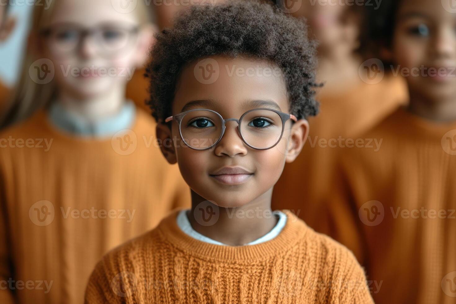 Young child with glasses stands out in a group wearing matching sweaters during a school or community event photo