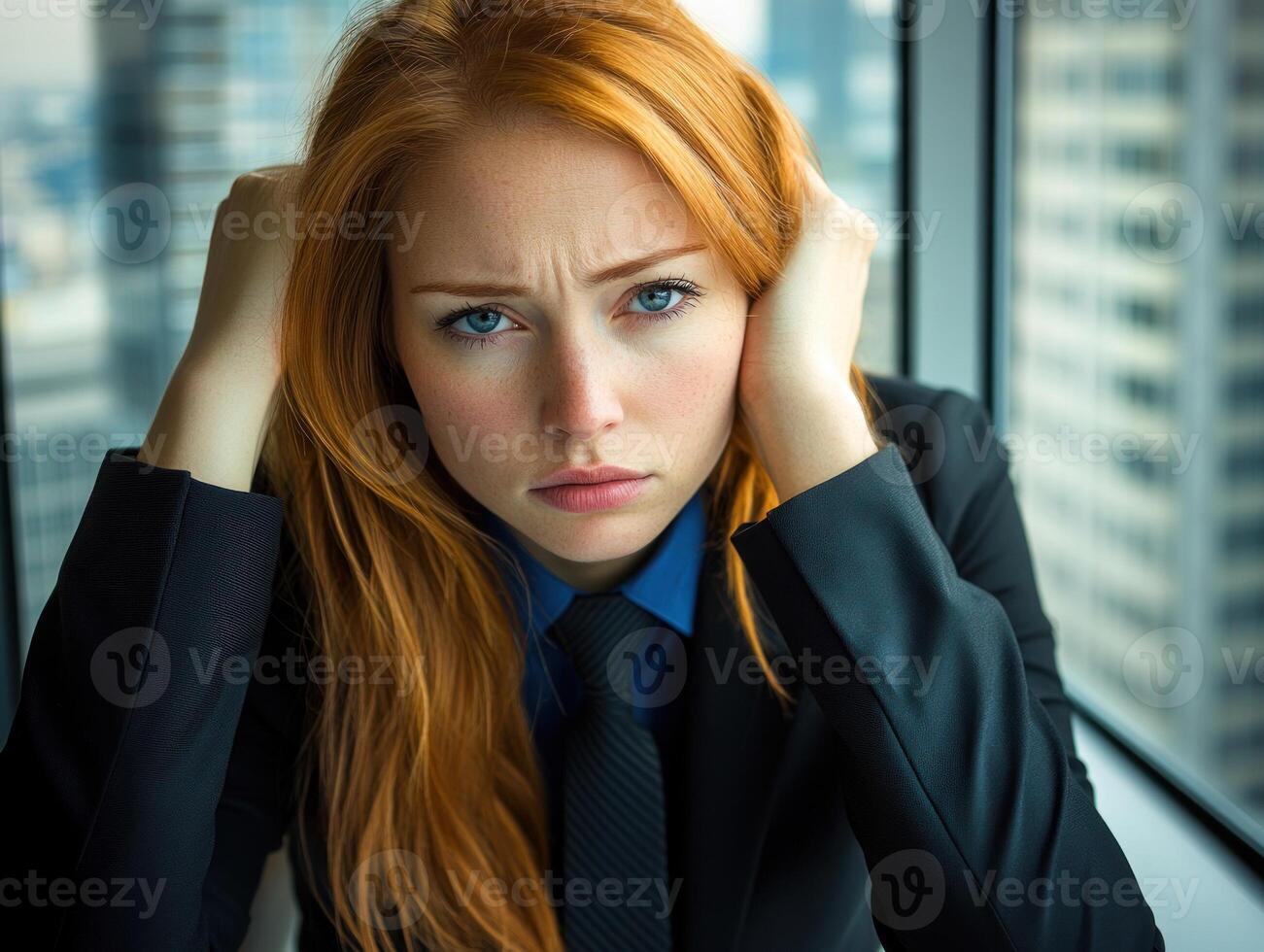 Businesswoman expressing frustration in an office high-rise with a city view photo