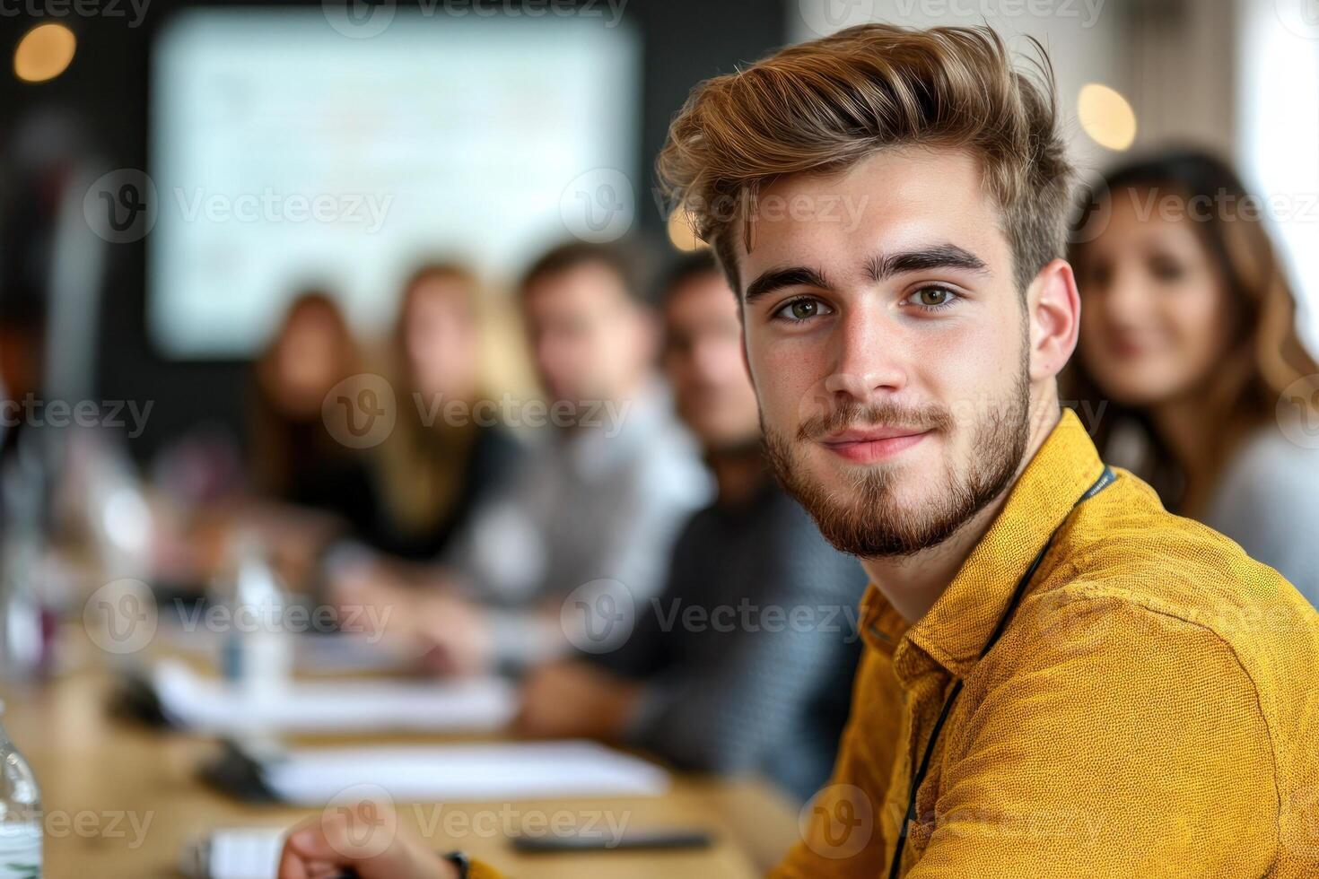 Young man in a meeting smiling confidently with colleagues in the background during a brainstorming session photo