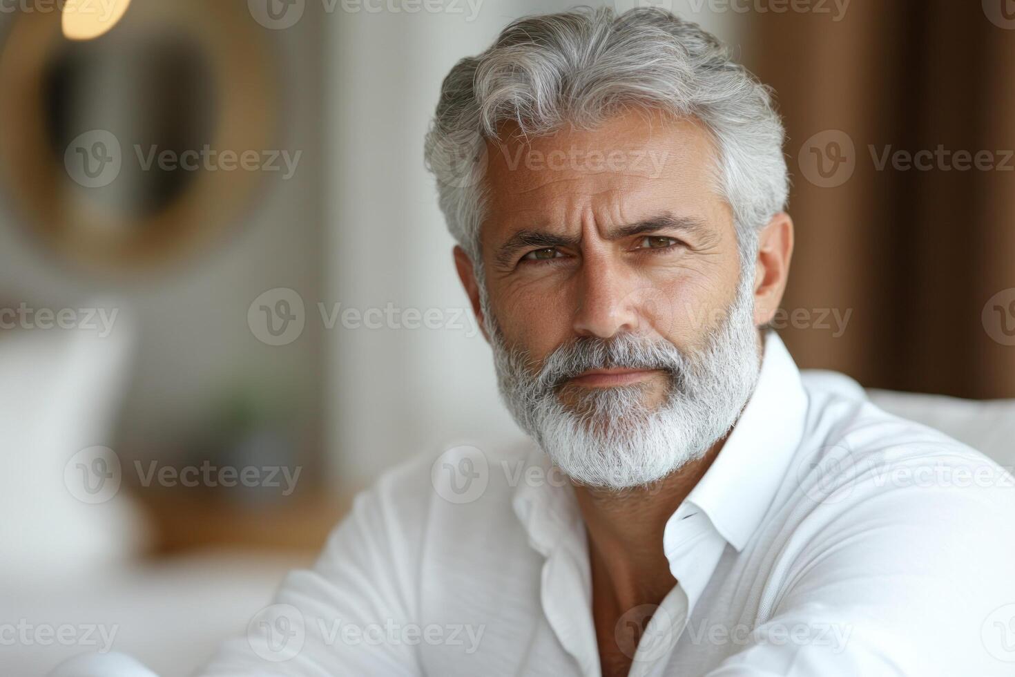 Mature man with a distinguished beard sits in a bright room, reflecting tones of wisdom and experience photo
