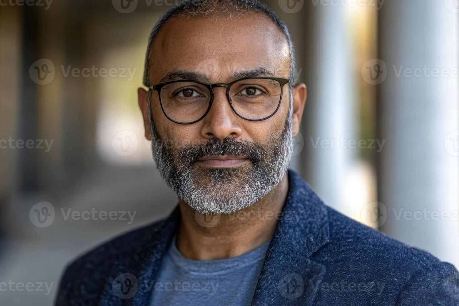 Mature man with glasses and beard poses confidently in urban setting during daylight hours photo
