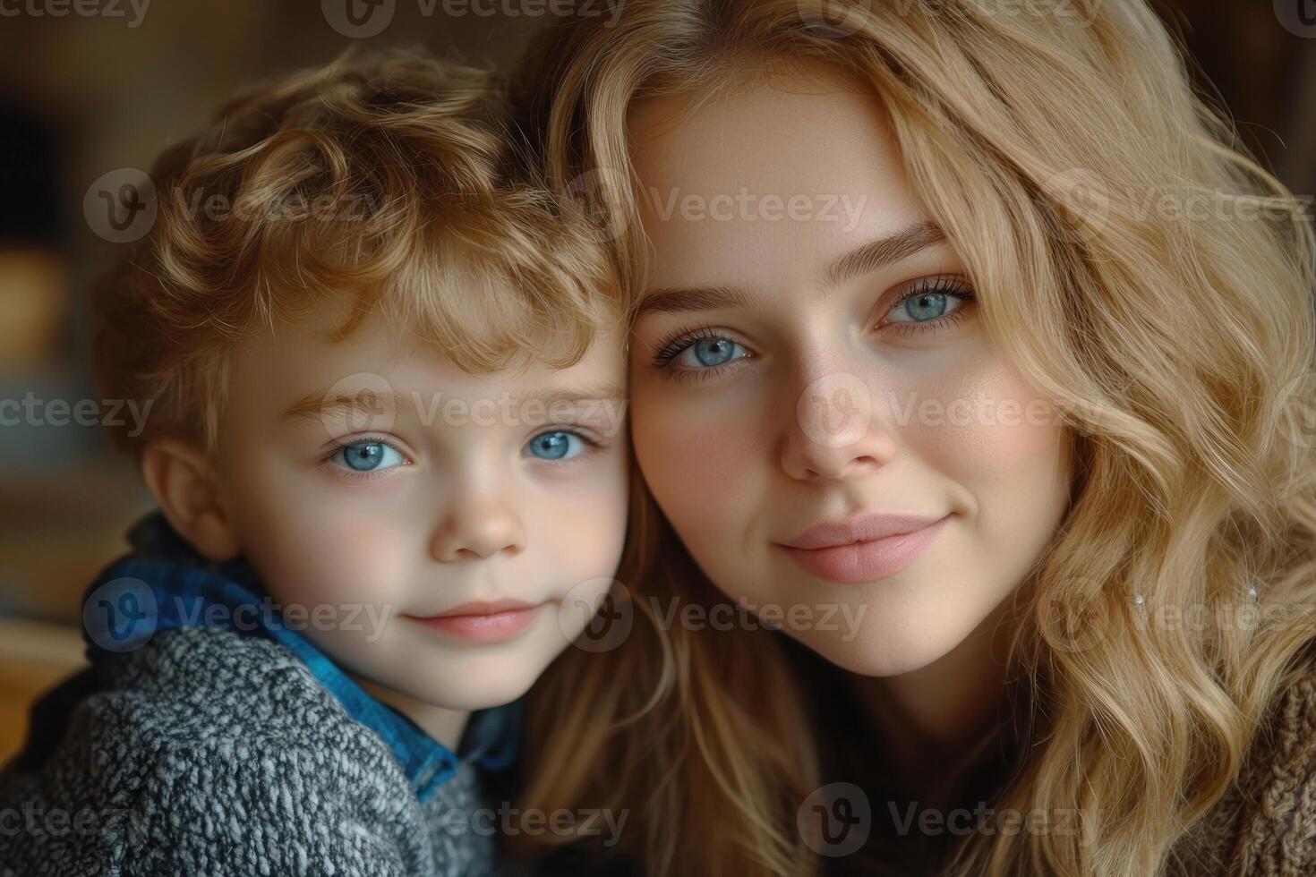 Mother and son smiling together in cozy indoor setting with natural light photo