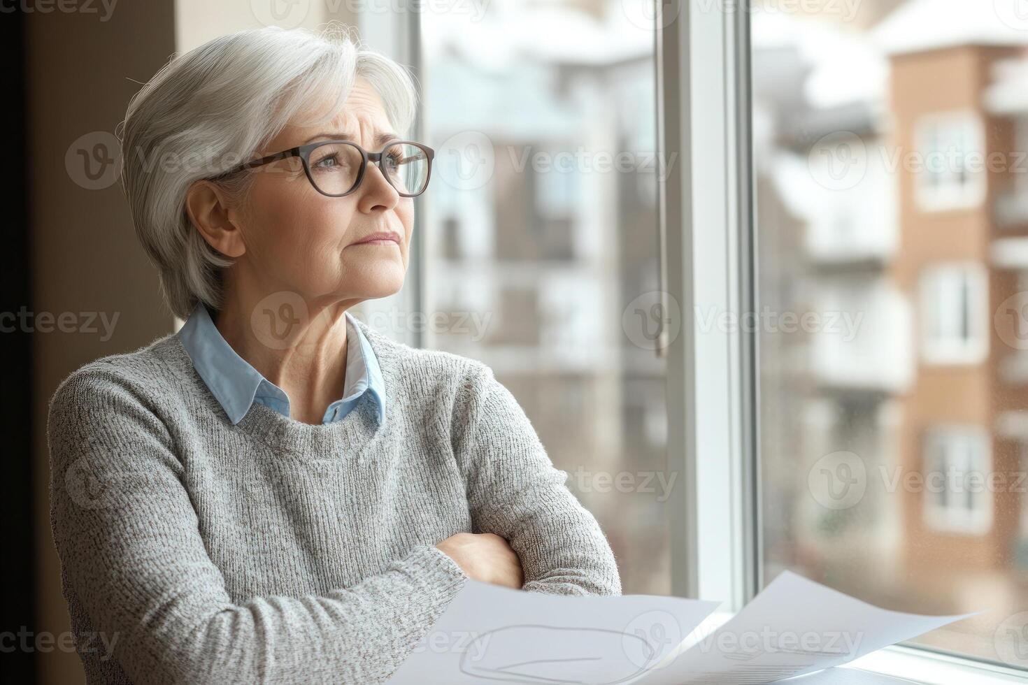 Mature woman reflecting on life while holding documents by a window in a cozy setting photo