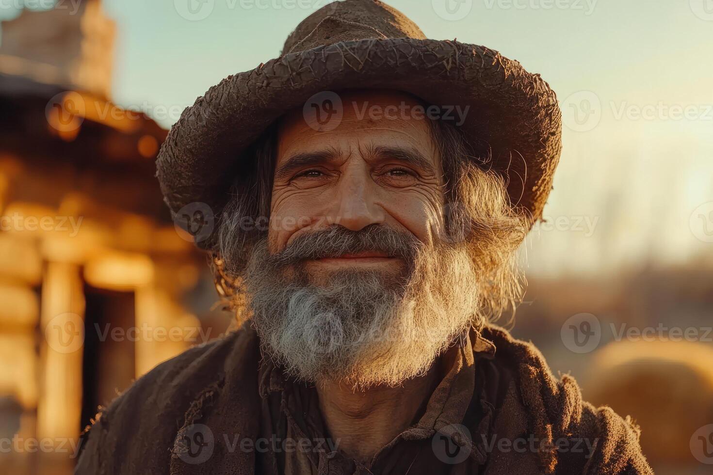 Smiling man with gray beard wearing a hat in a rustic outdoor setting during golden hour photo