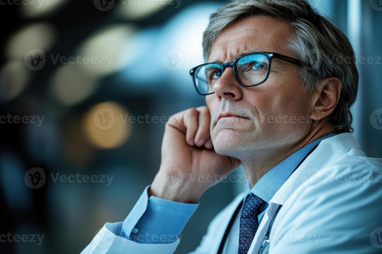 Medical professional reflecting on patient care during office hours in a modern healthcare facility photo