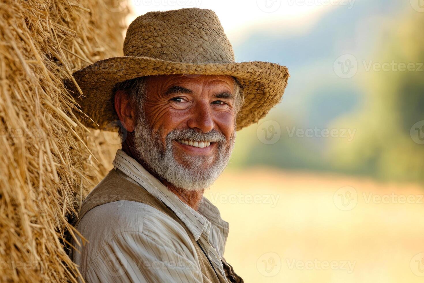 Smiling farmer enjoys warm afternoon in countryside surrounded by fresh hay bales photo