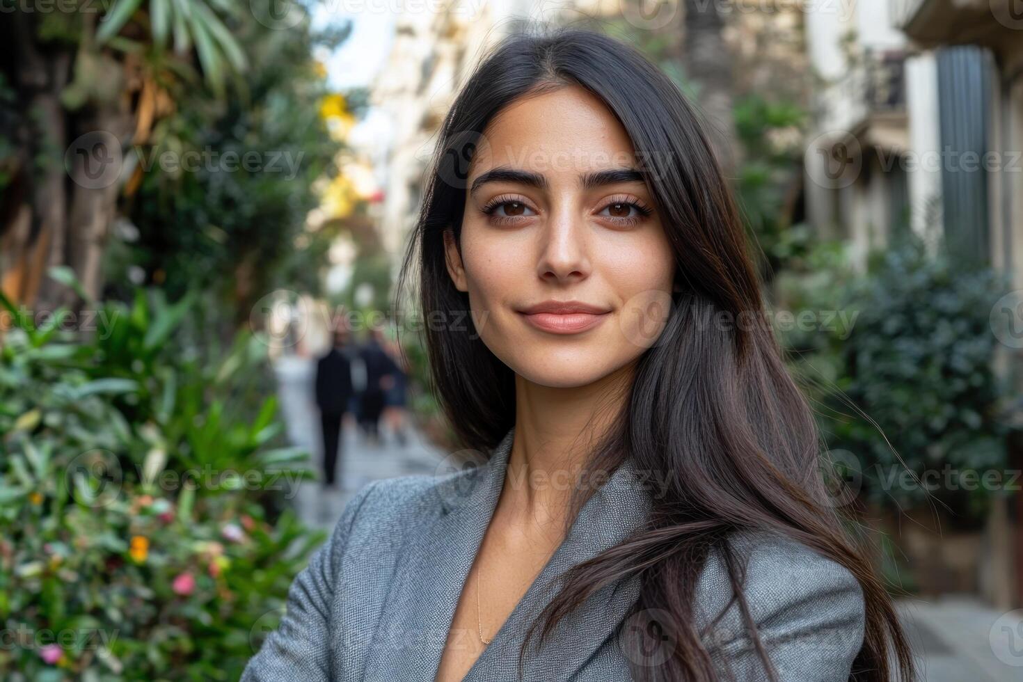 Confident young woman posing in a stylish outfit on a vibrant street surrounded by greenery photo