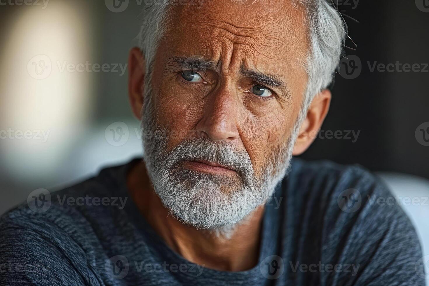Older man with gray beard expressing deep thoughts and emotions in a candid moment photo