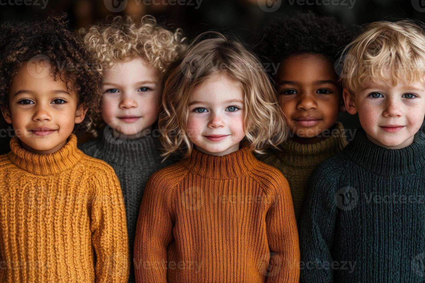 Group of children wearing cozy sweaters posing together indoors during winter season photo