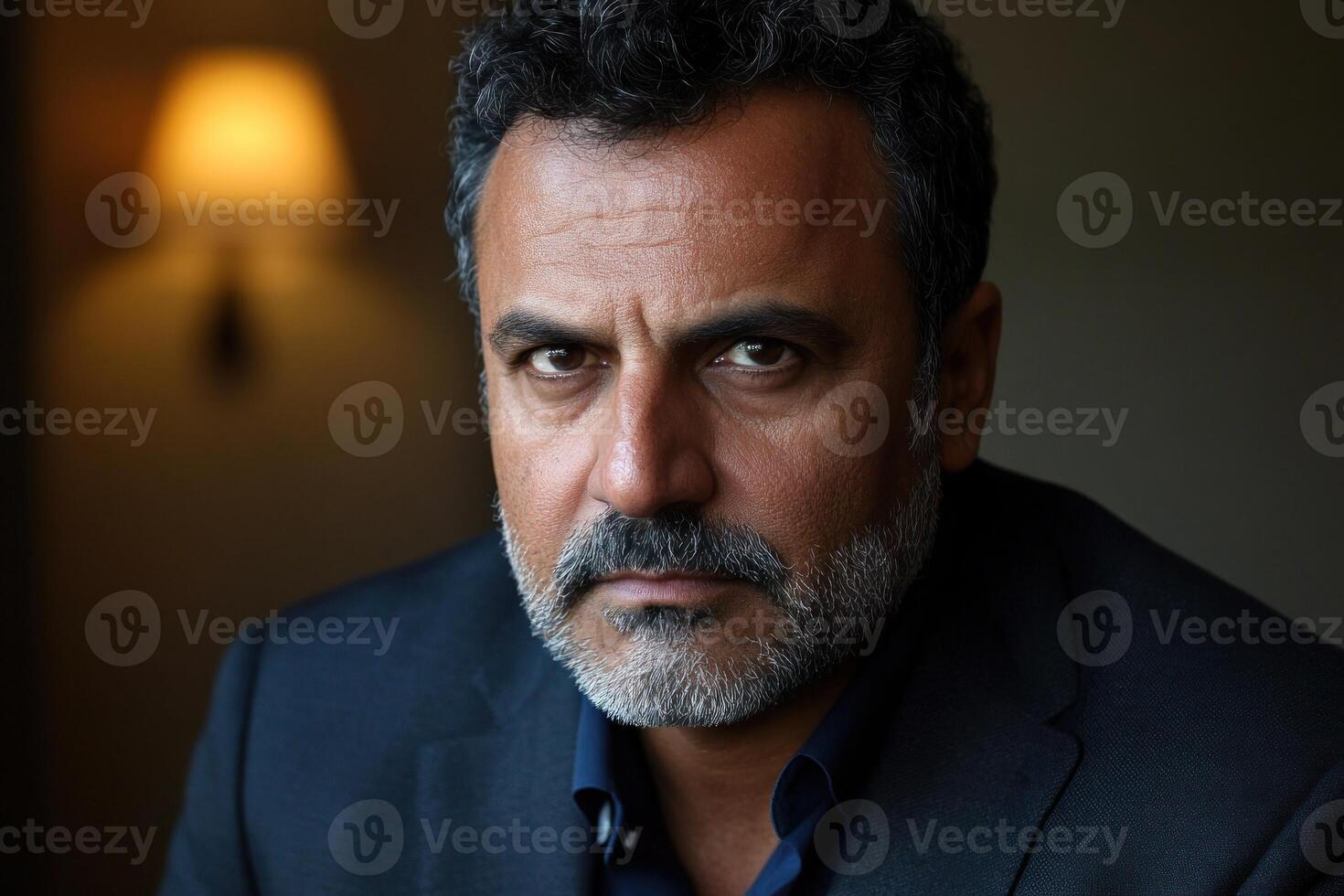 Intense portrait of a man in a dark suit with a serious expression indoors photo