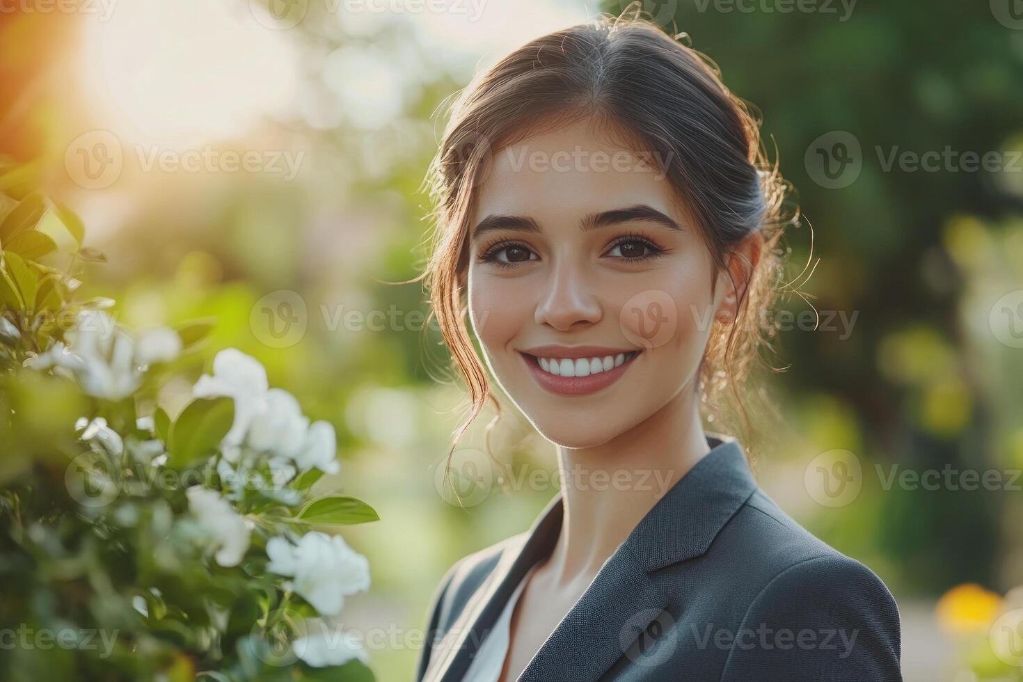 Smiling woman in a suit stands near white flowers in a sunlit garden photo
