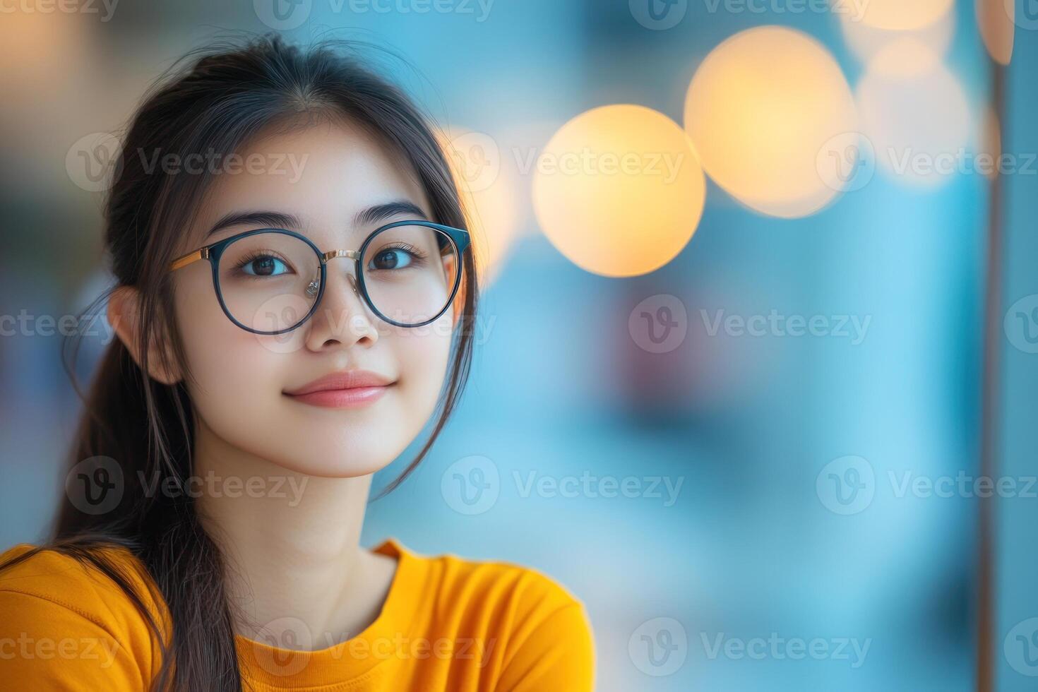 Young woman with glasses smiles warmly while sitting indoors with bokeh background photo