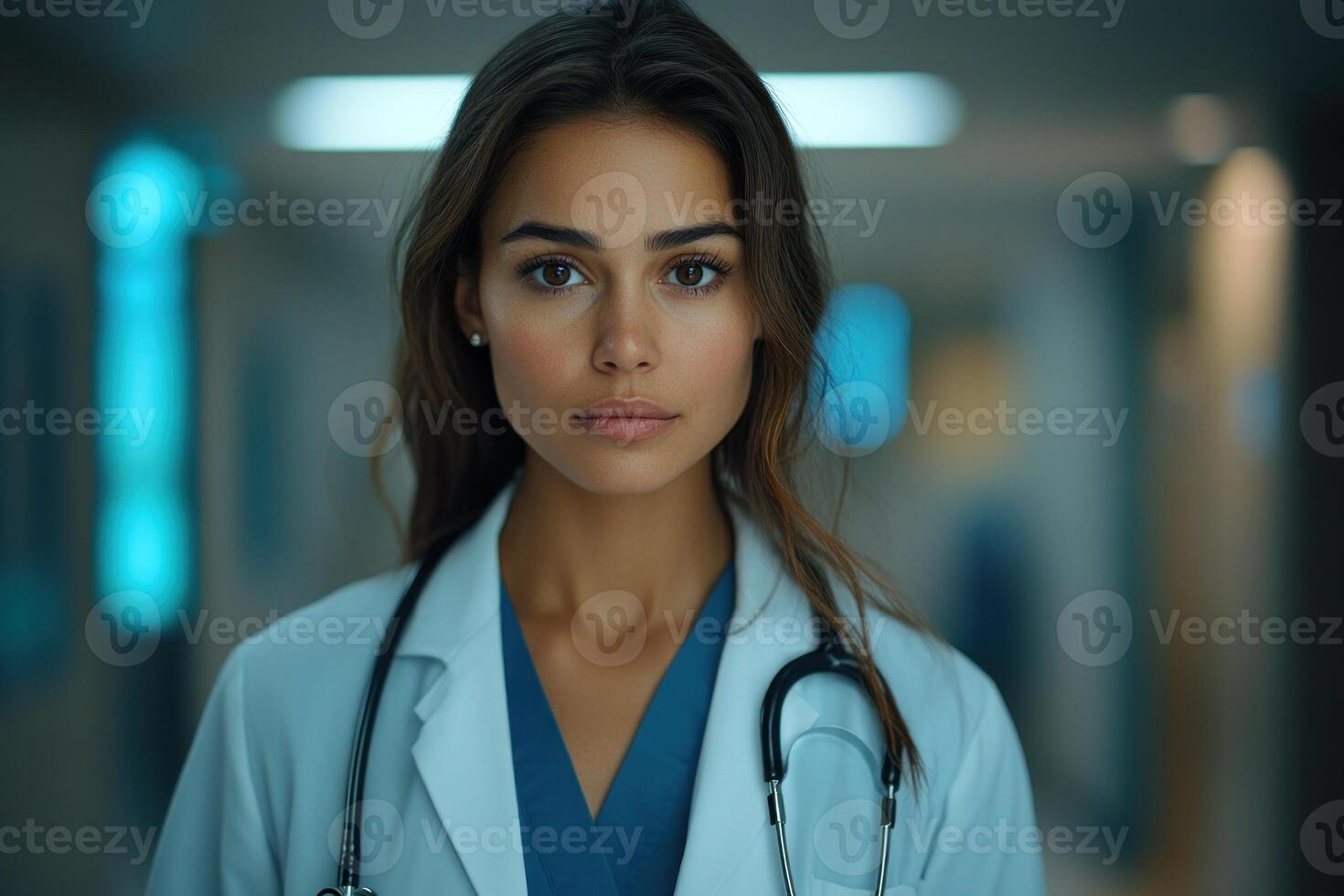 Female doctor in a medical facility prepares for patient consultations in a hospital setting photo