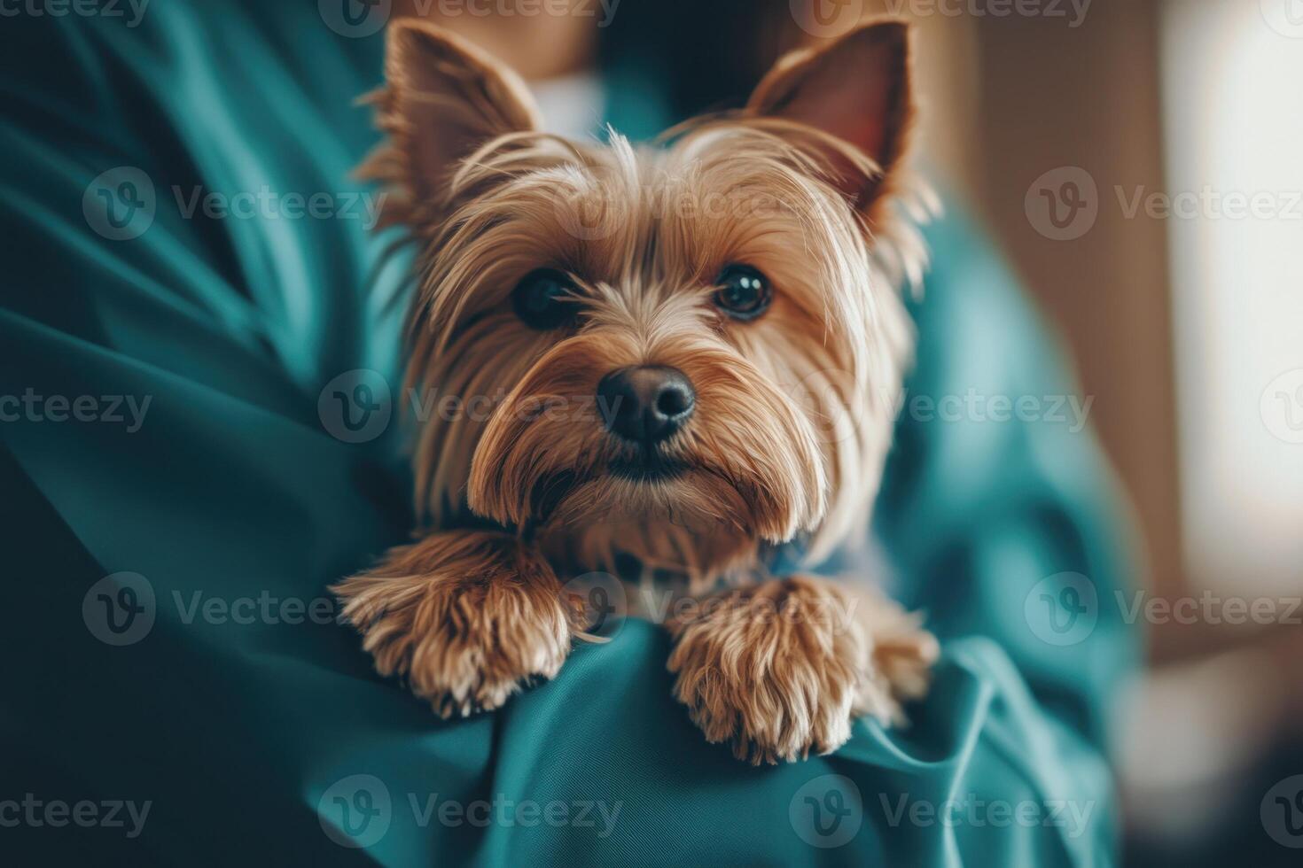 Small dog resting in owners arms with a soft expression indoors during the day photo