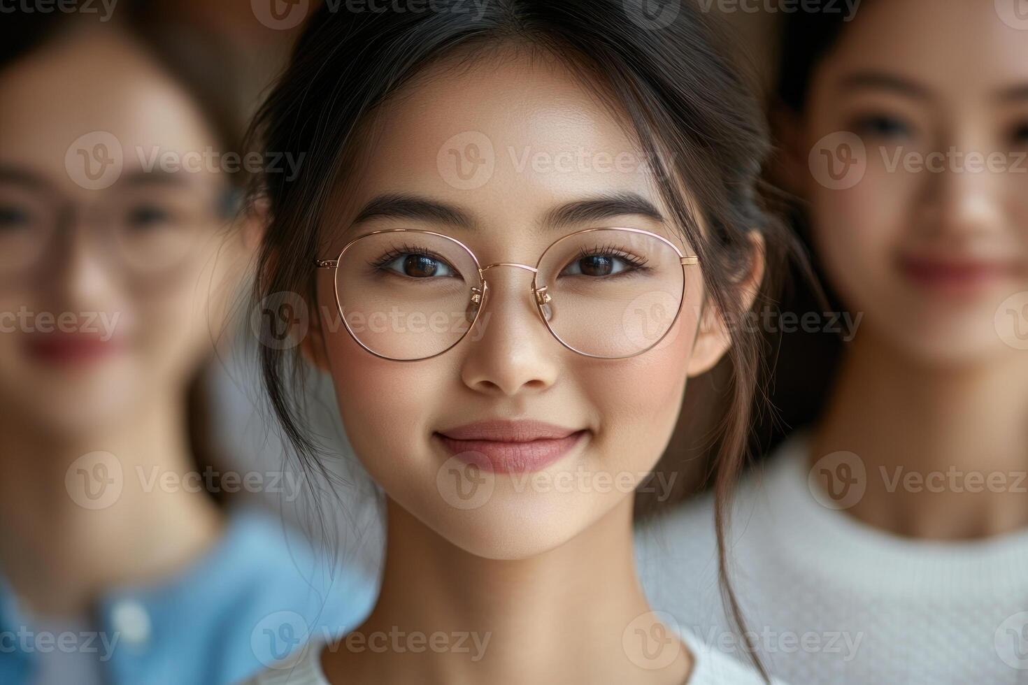 Young women smiling in a close group setting during daylight hours photo