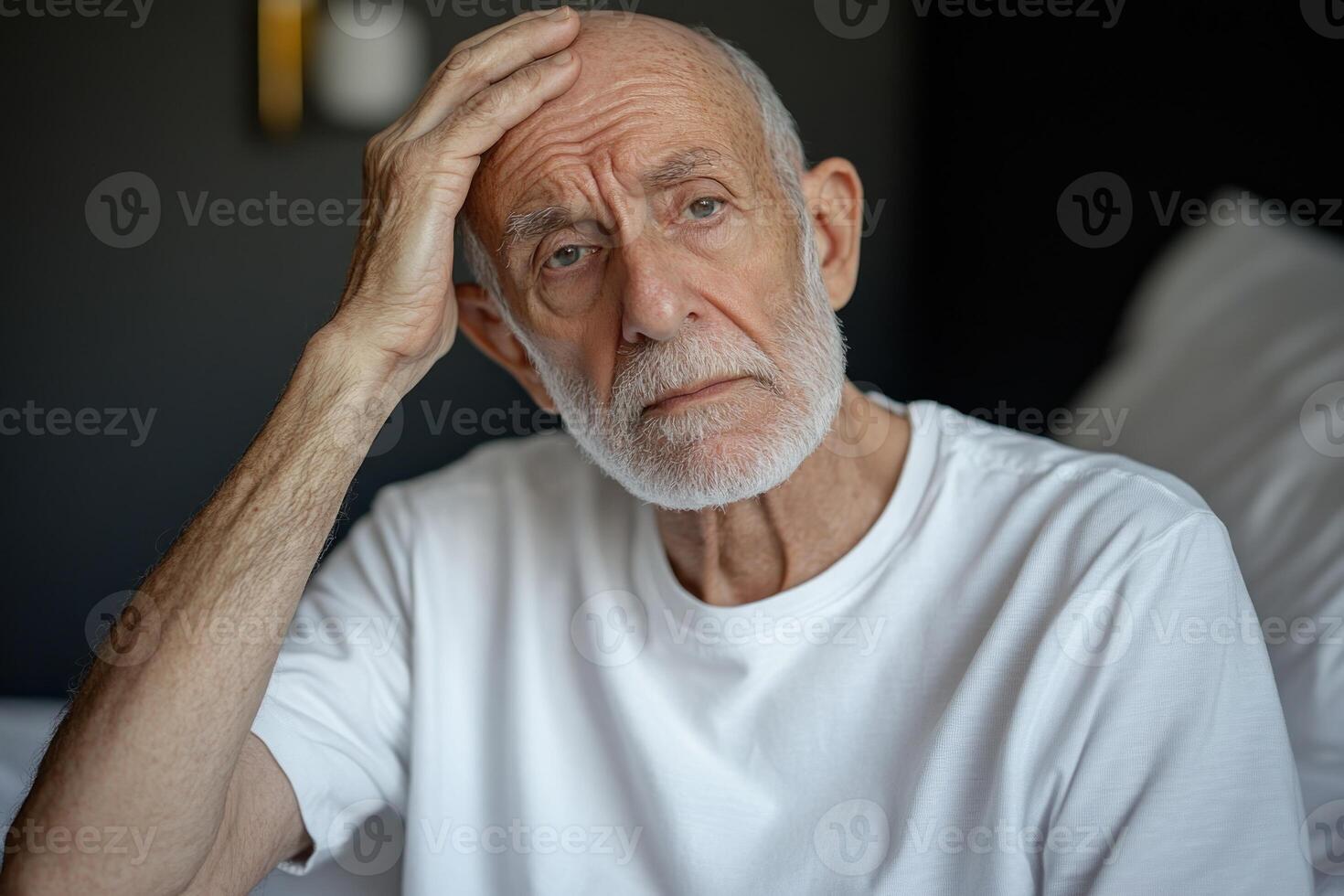 Senior man in white shirt looks pensive while seated on bed in a bedroom with soft lighting photo