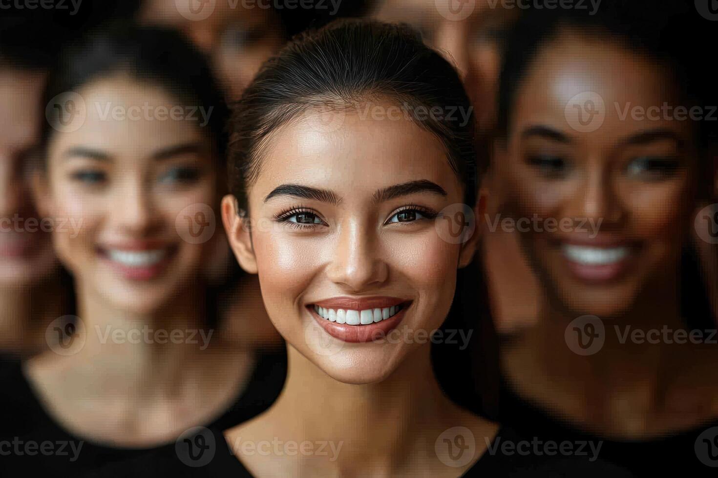 Smiling women in black tops pose confidently, showcasing diverse beauty and unity photo