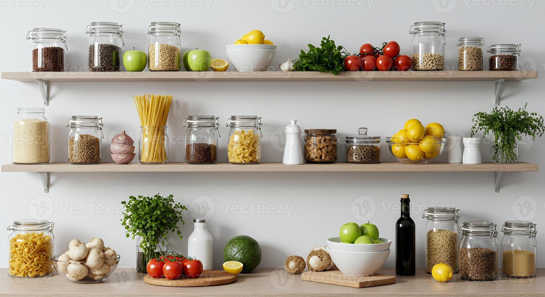 Display of various fruits vegetables and grains on wooden shelves photo