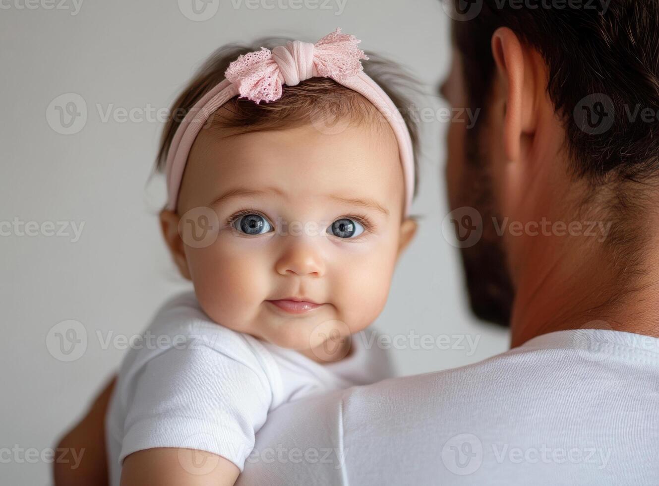 Baby girl with pink headband nestling comfortably against father's shoulder, gazing with bright blue eyes photo